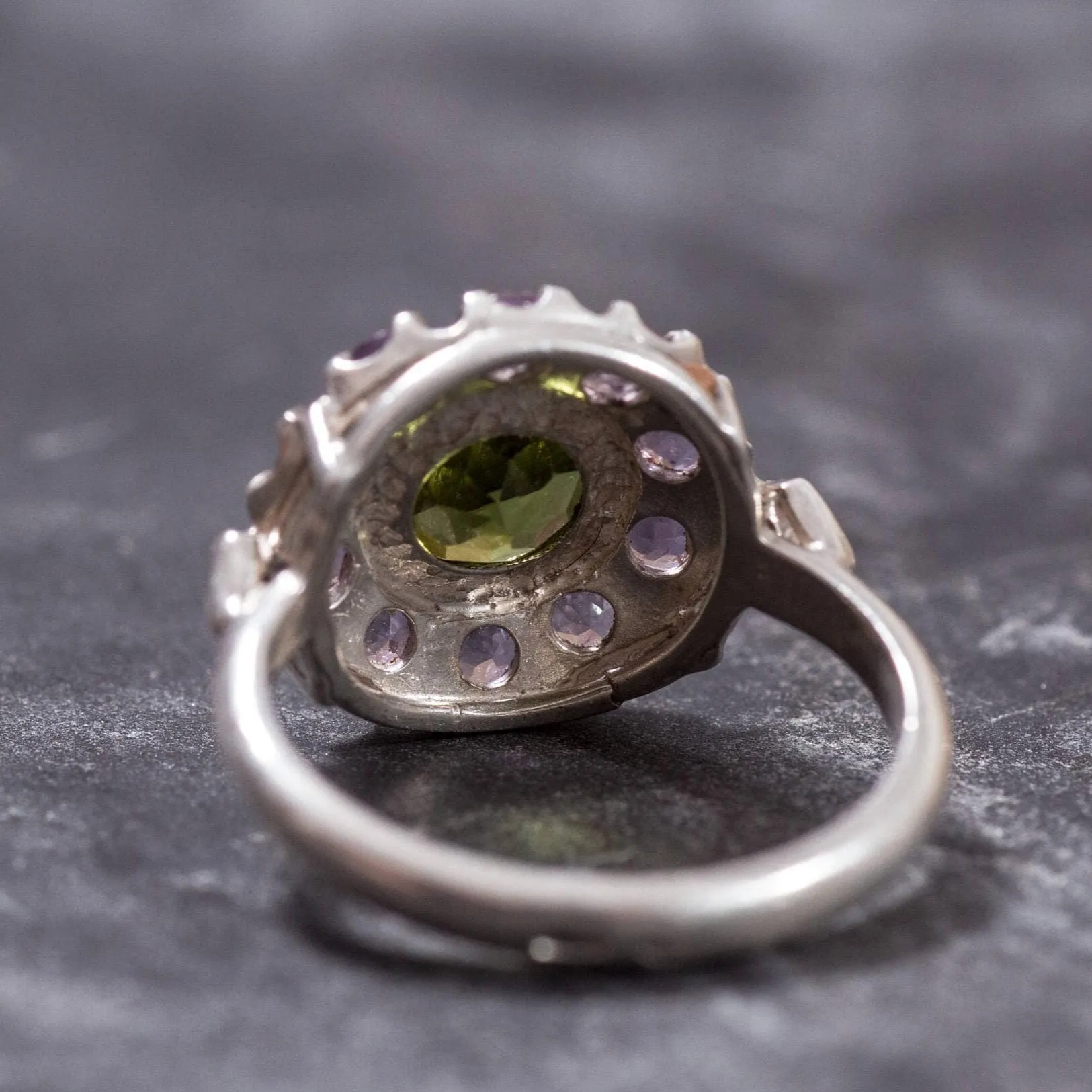 Peridot Ring - Purple Victorian Ring - Peridot Flower Ring