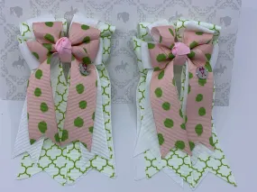 PonyTail Bows- White Green Motif/Spice