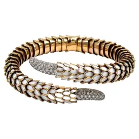Pre-owned Roberto Coin Animalier 18K Gold Scale Wrap Bracelet with White Enamel & Diamonds