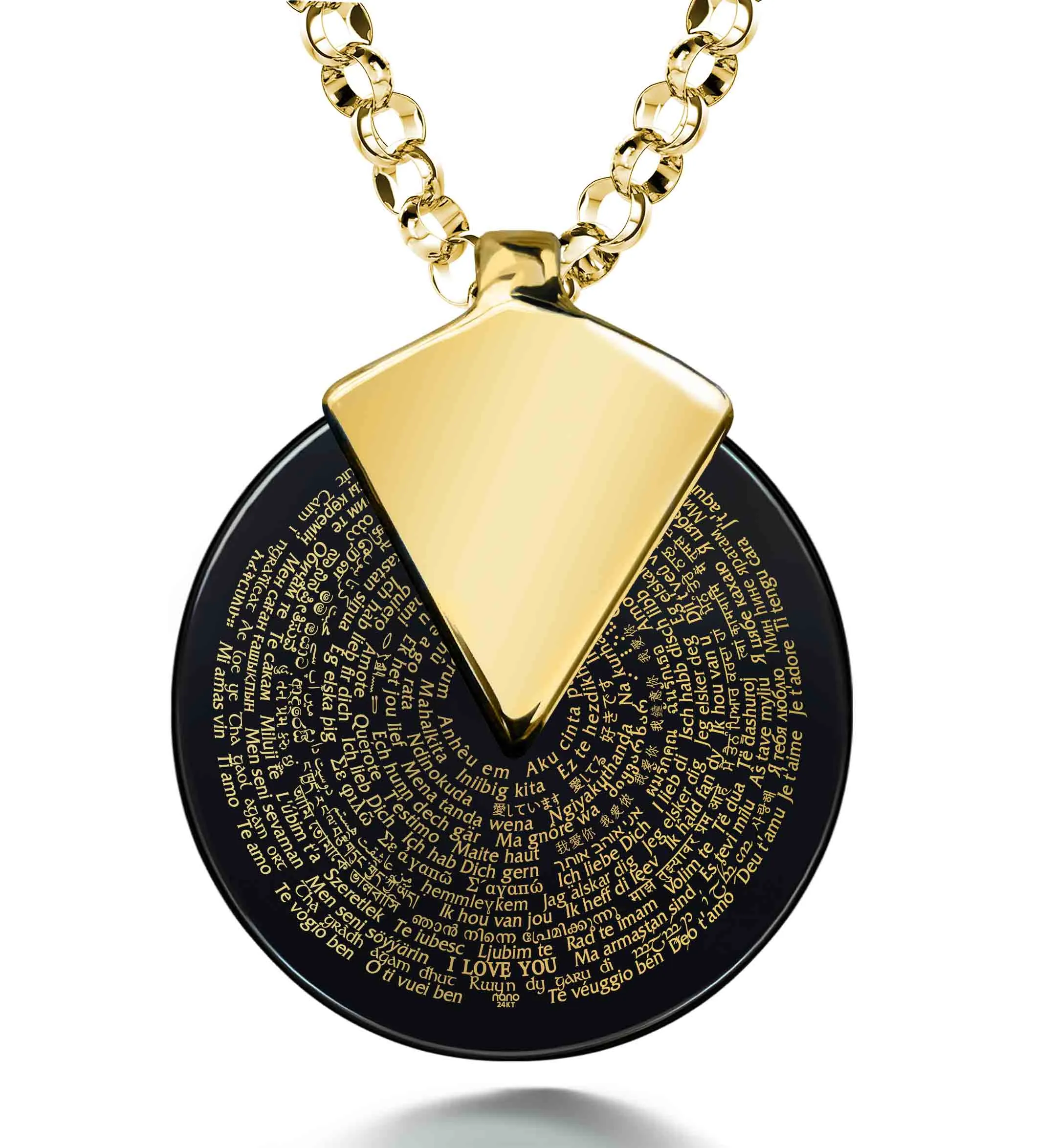"I Love You" in 120 Languages, Silver Gold Plated Necklace, Onyx