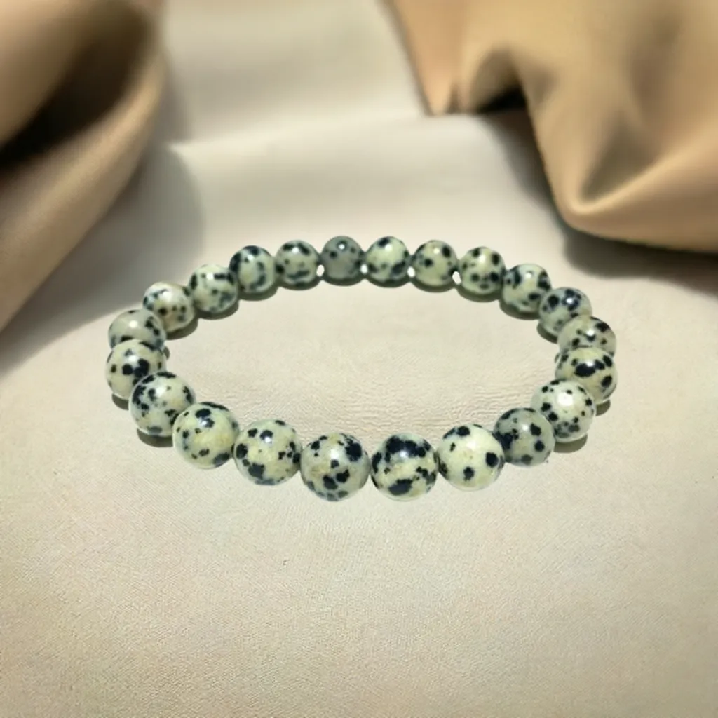 Real Dalmatian Jasper Beaded Elastic Bracelet – Healing Crystal Jewelry for Men & Women