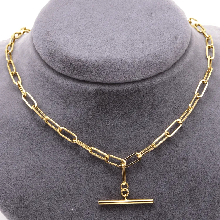 Real Gold Paper Clip With Rod Bar Necklace 1862 (40 CM) N1443