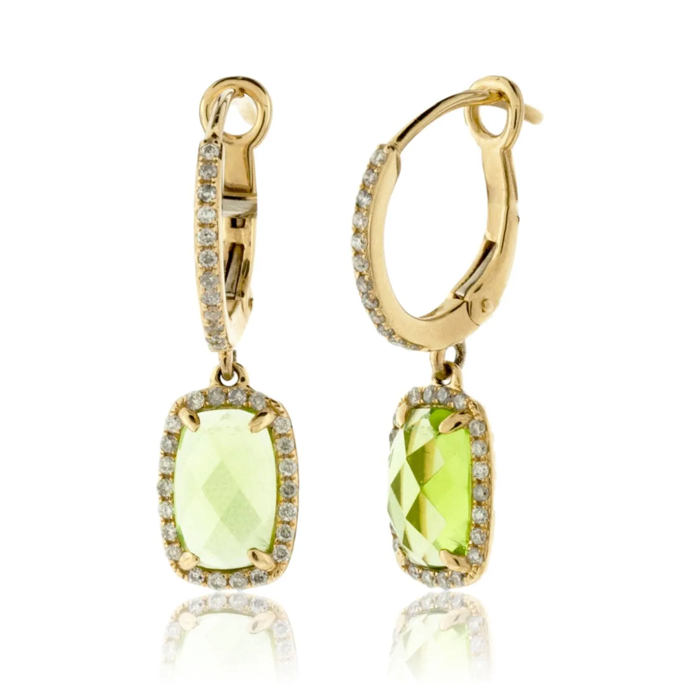 Rectangle Shaped Peridot and Diamond Halo Drop Earrings