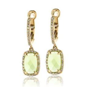 Rectangle Shaped Peridot and Diamond Halo Drop Earrings