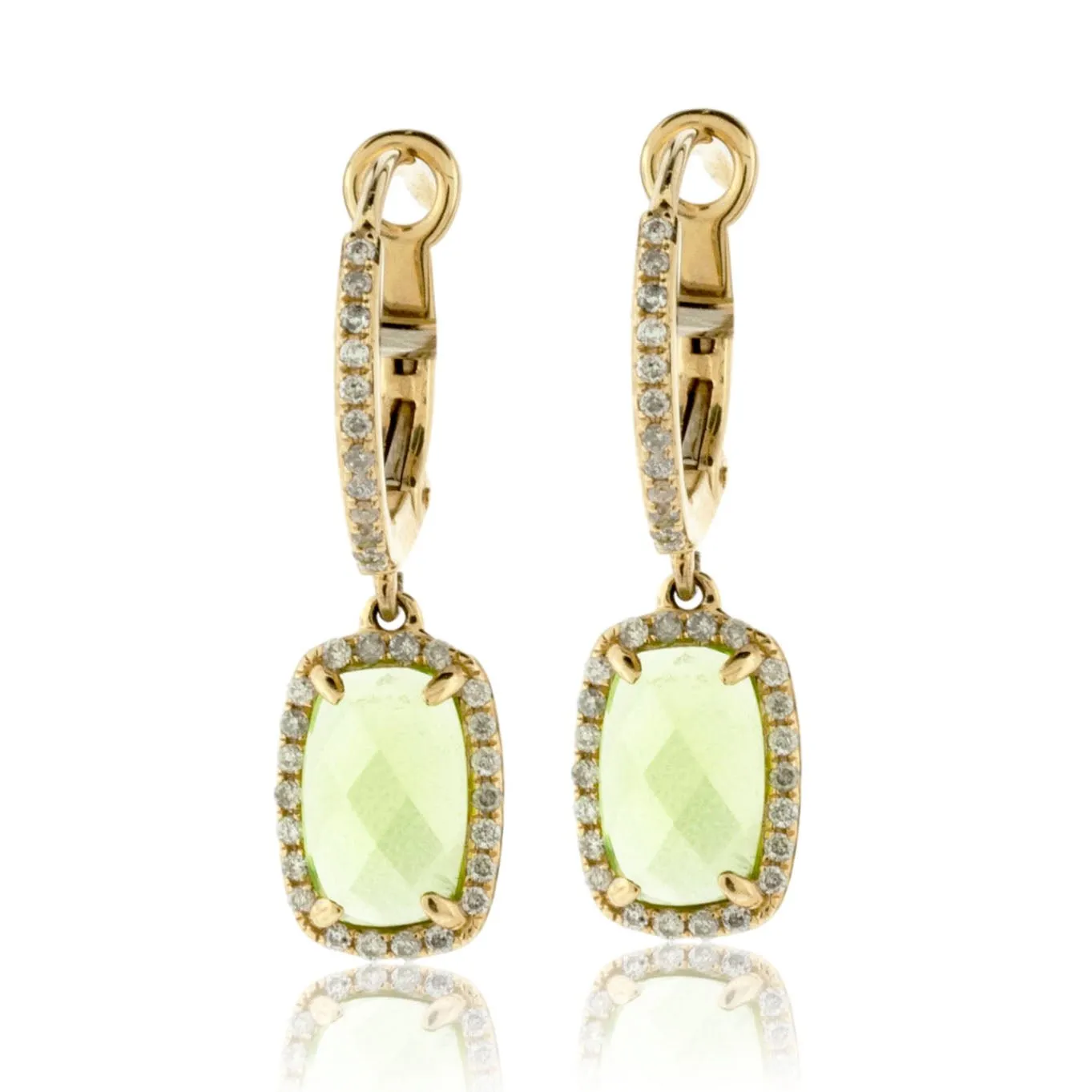 Rectangle Shaped Peridot and Diamond Halo Drop Earrings