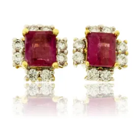 Red Emerald and Diamond Stud Earrings