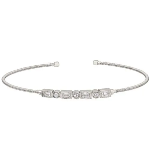 Rhodium Finish Sterling Silver Cable Cuff Bracelet with Simulated Diamond Emerald & Round Design