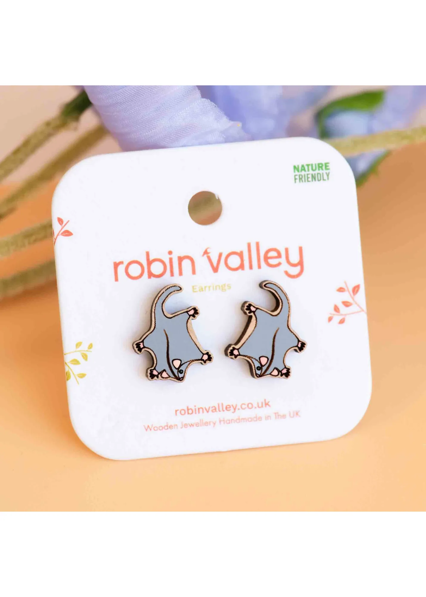 Robin Valley - Sugar Glider Cherry Wood Stud Earrings