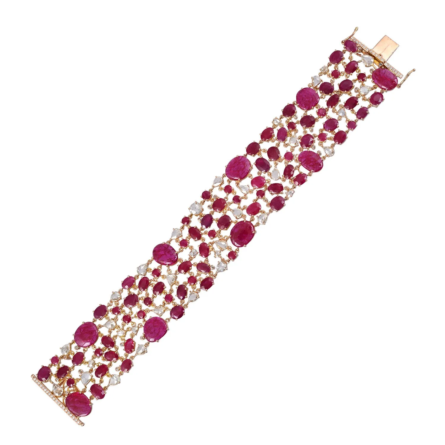 Rose Gold Multi Shape Ruby Precious Gemstone Rose Cut Diamond Bridal Fixed And Flexible Bracelet For Her