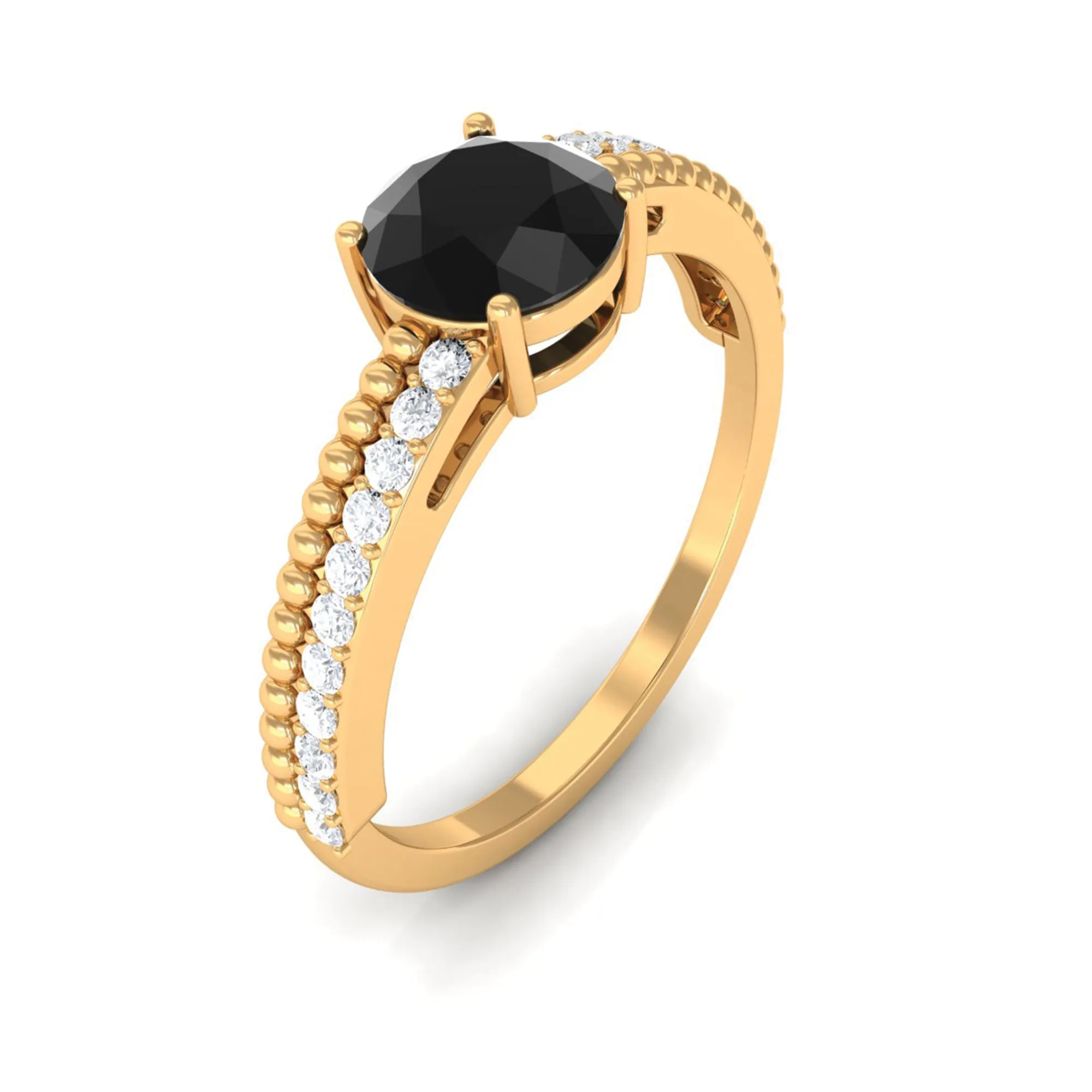 Round Shape Solitaire Created Black Diamond and Diamond Ring with Side Stones
