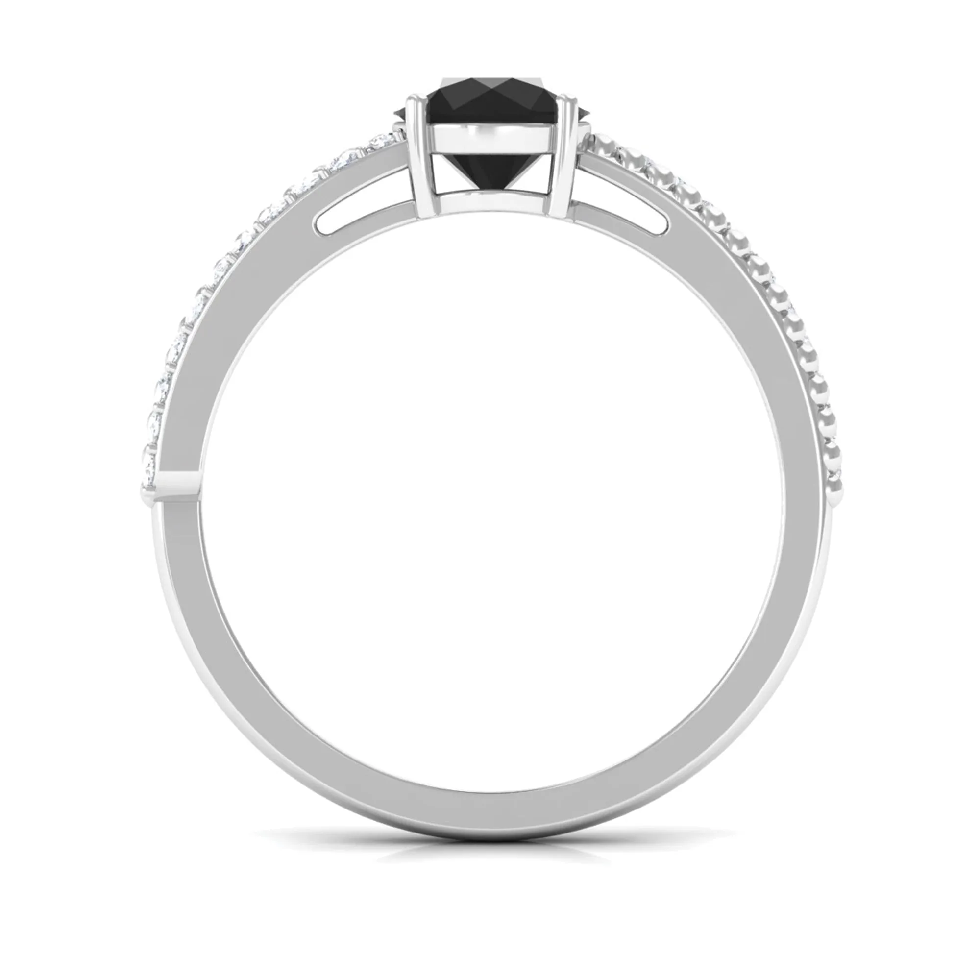 Round Shape Solitaire Created Black Diamond and Diamond Ring with Side Stones