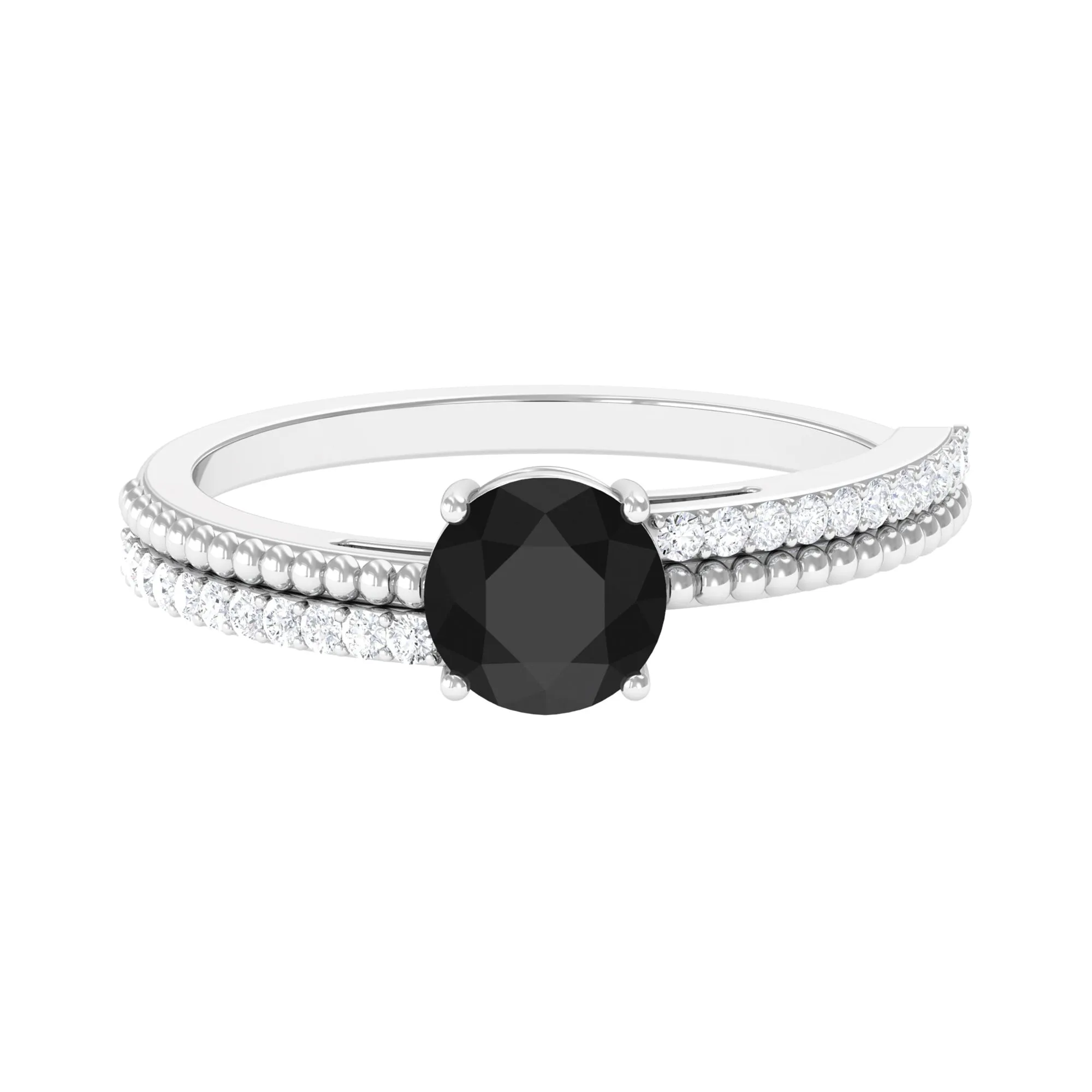 Round Shape Solitaire Created Black Diamond and Diamond Ring with Side Stones