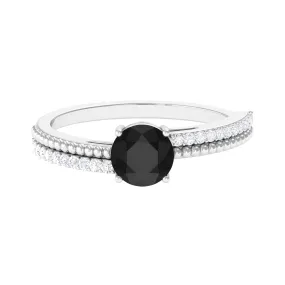 Round Shape Solitaire Created Black Diamond and Diamond Ring with Side Stones