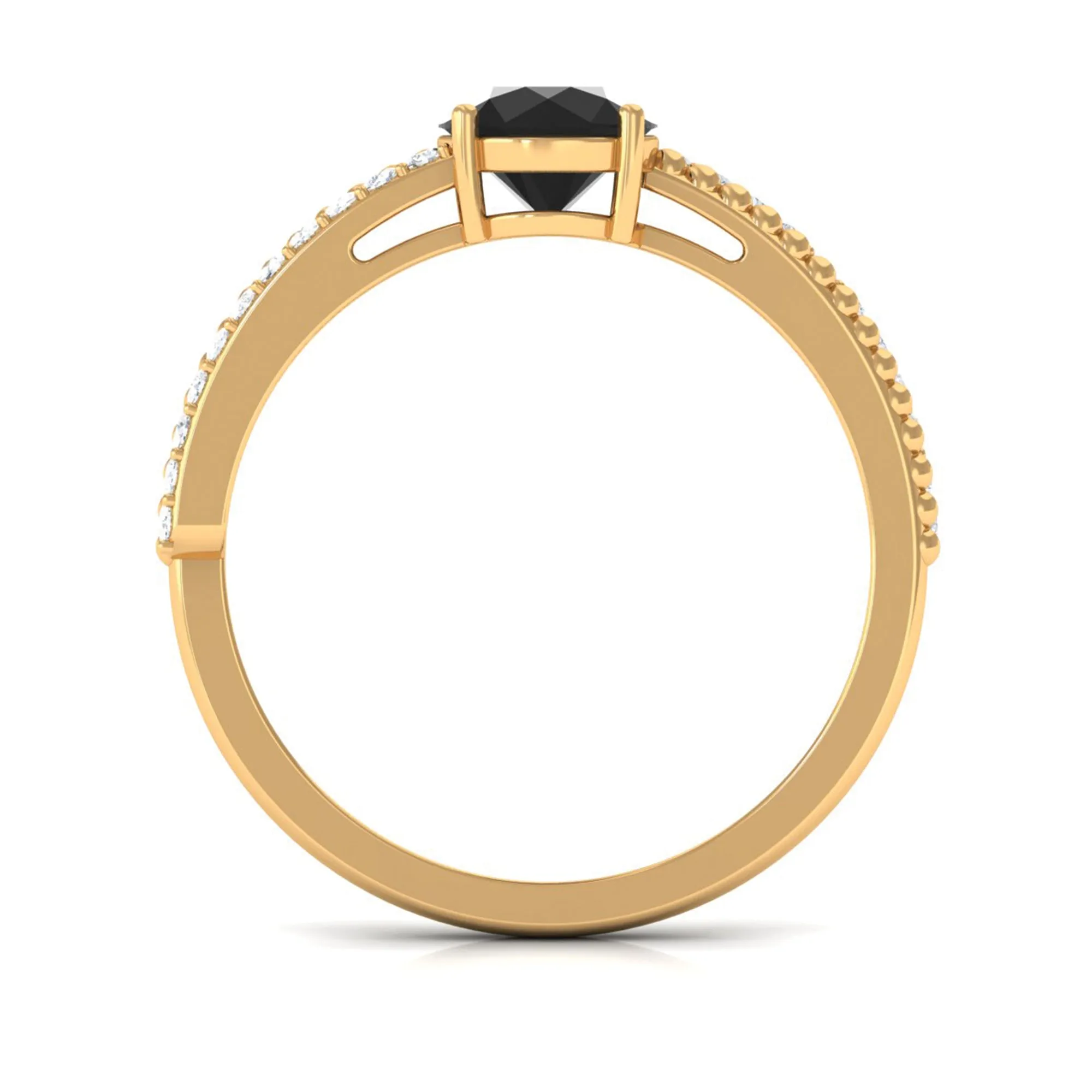 Round Shape Solitaire Created Black Diamond and Diamond Ring with Side Stones
