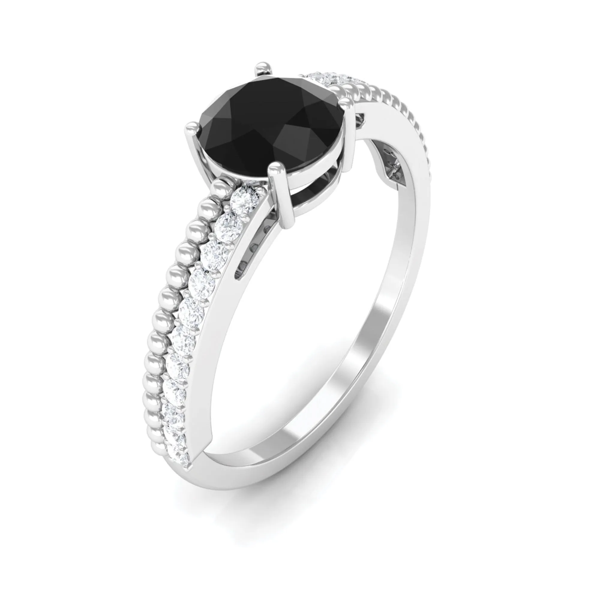 Round Shape Solitaire Created Black Diamond and Diamond Ring with Side Stones