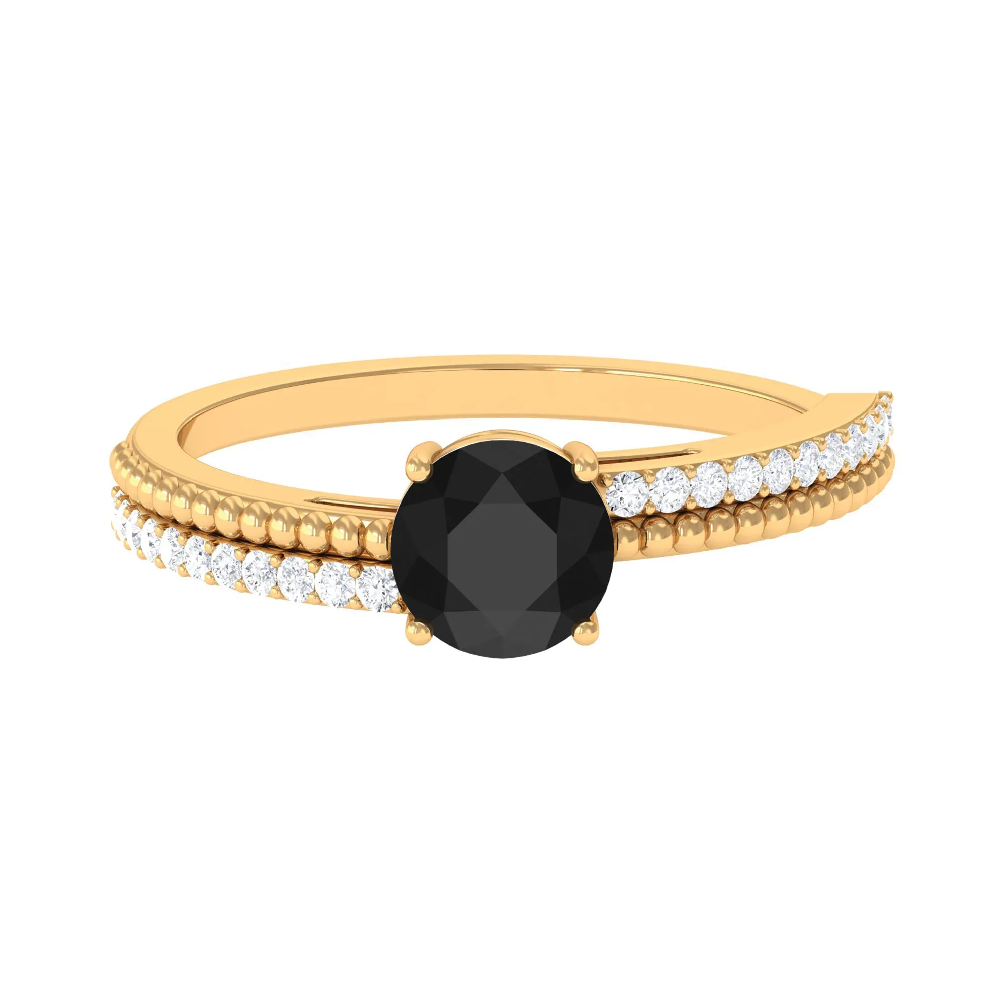 Round Shape Solitaire Created Black Diamond and Diamond Ring with Side Stones