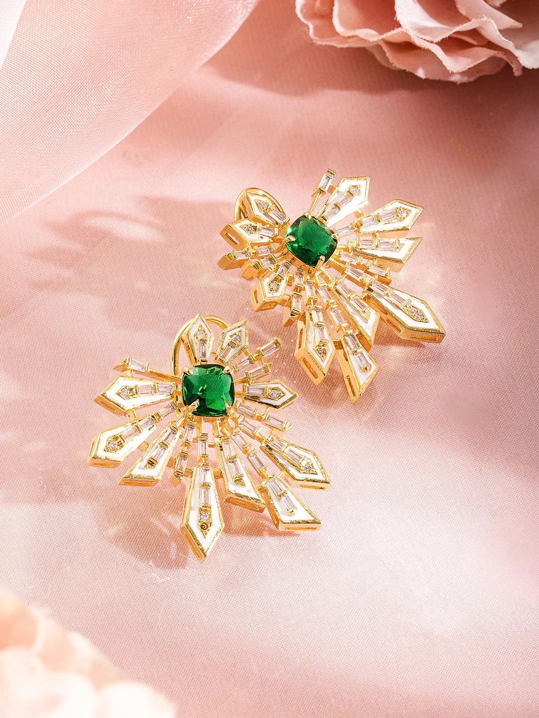 Rubans 18K Gold-Plated Emerald Green & Cubic Zirconia Studded Statement Stud Earrings