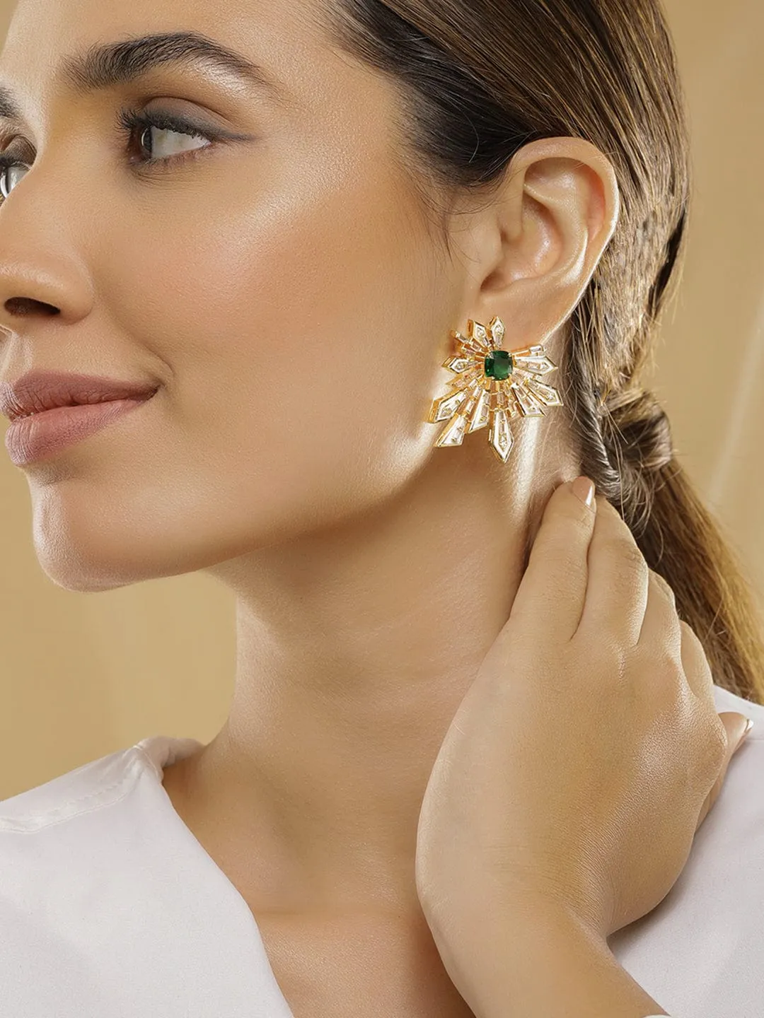 Rubans 18K Gold-Plated Emerald Green & Cubic Zirconia Studded Statement Stud Earrings