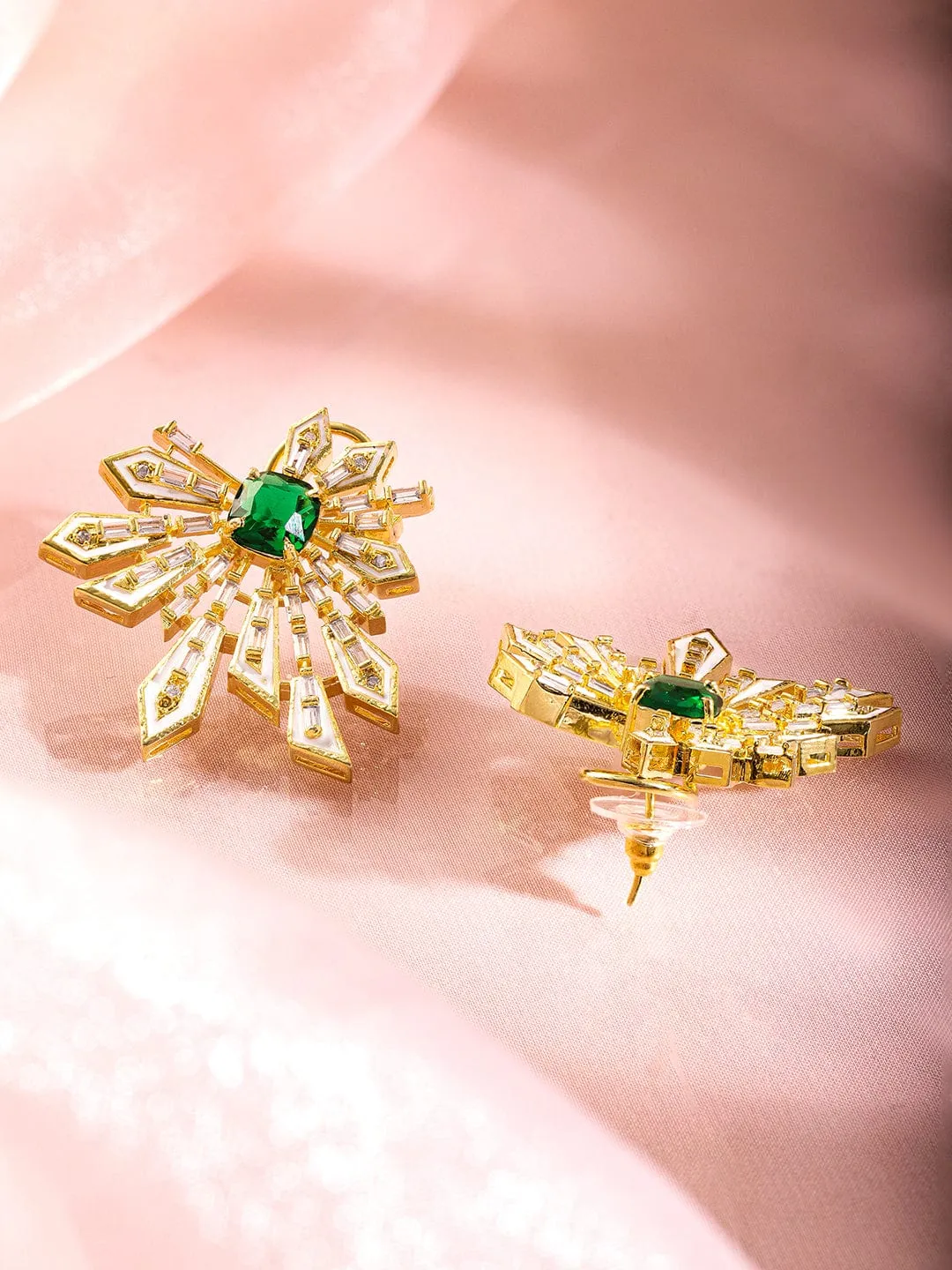 Rubans 18K Gold-Plated Emerald Green & Cubic Zirconia Studded Statement Stud Earrings