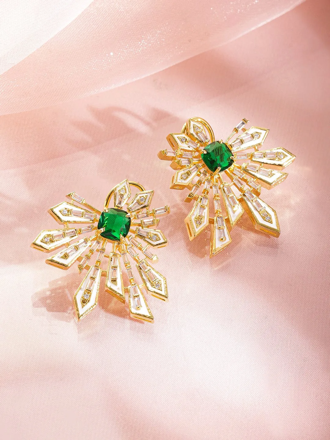 Rubans 18K Gold-Plated Emerald Green & Cubic Zirconia Studded Statement Stud Earrings