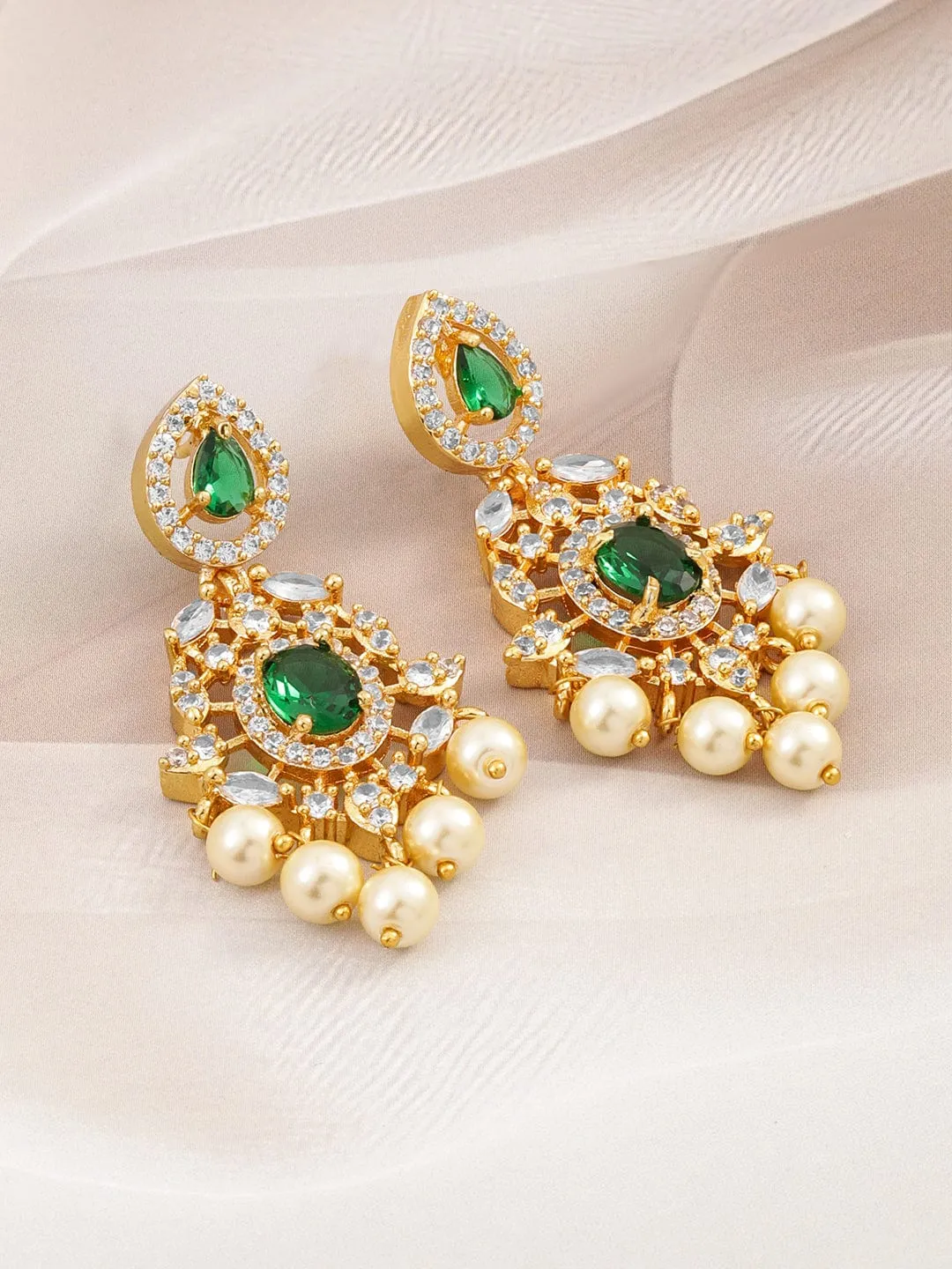 Rubans 22KT Gold-Plated Emerald Green & Cubic Zirconia Studded Chandelie with Pearl Drops