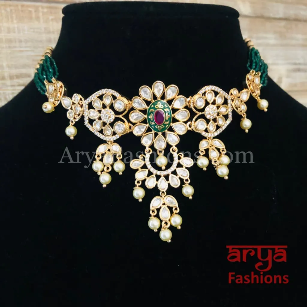 Ruby Rajwadi Pacchi Kundan delicate Choker/ Emerald CZ Kundan Jadau Choker