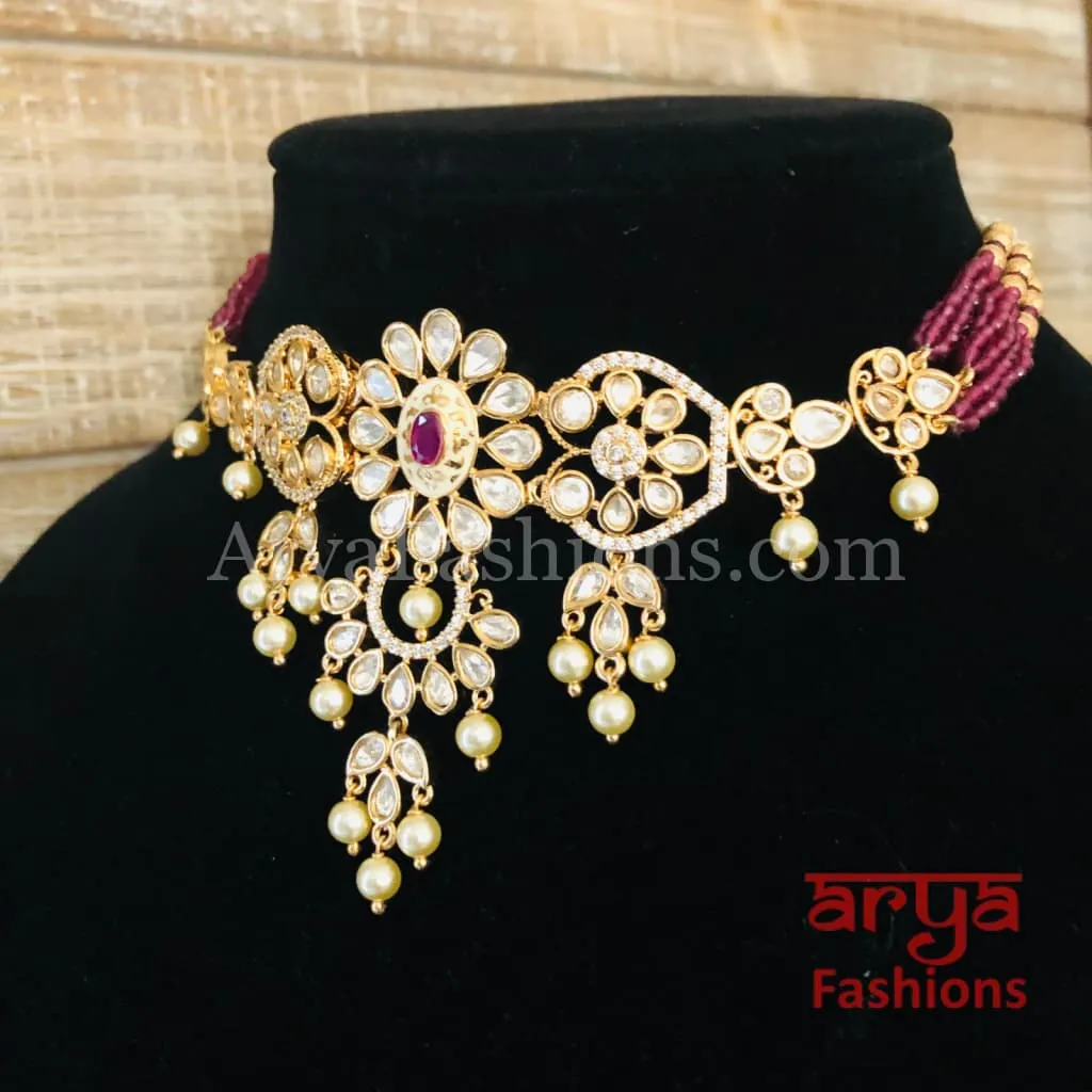 Ruby Rajwadi Pacchi Kundan delicate Choker/ Emerald CZ Kundan Jadau Choker