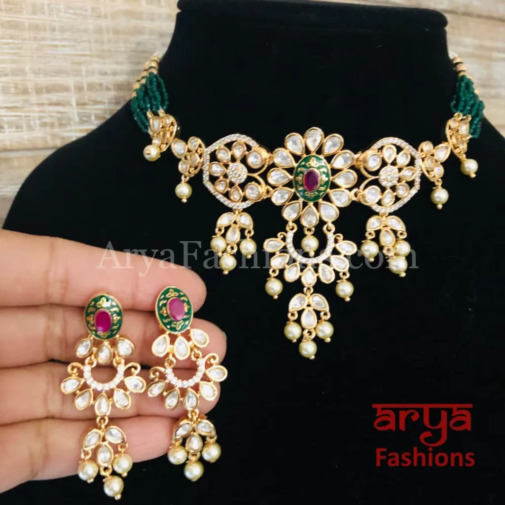 Ruby Rajwadi Pacchi Kundan delicate Choker/ Emerald CZ Kundan Jadau Choker