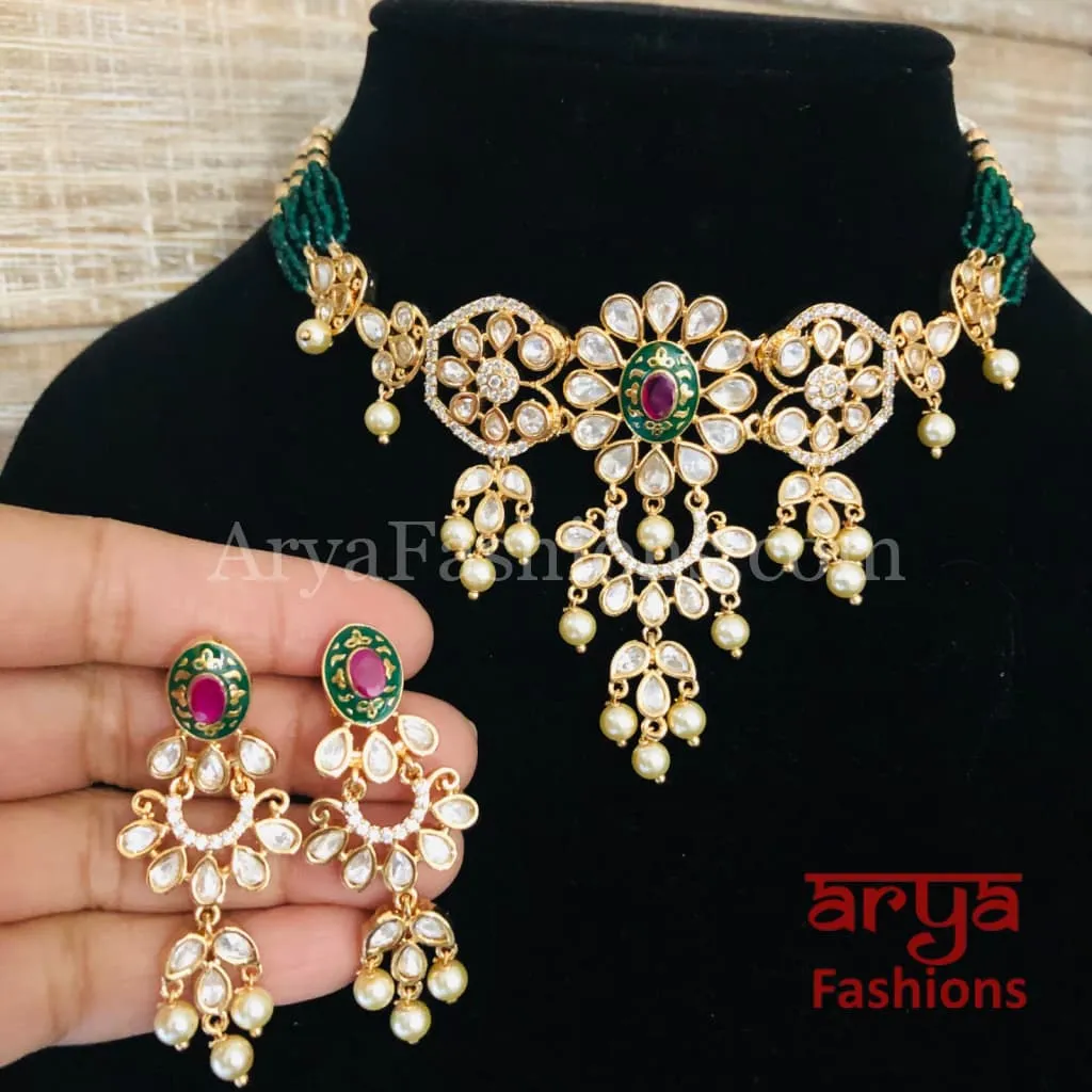 Ruby Rajwadi Pacchi Kundan delicate Choker/ Emerald CZ Kundan Jadau Choker