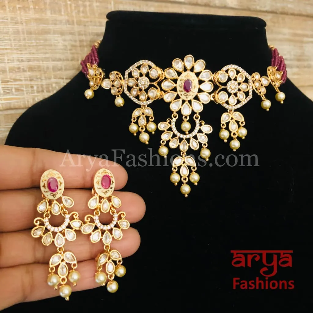 Ruby Rajwadi Pacchi Kundan delicate Choker/ Emerald CZ Kundan Jadau Choker