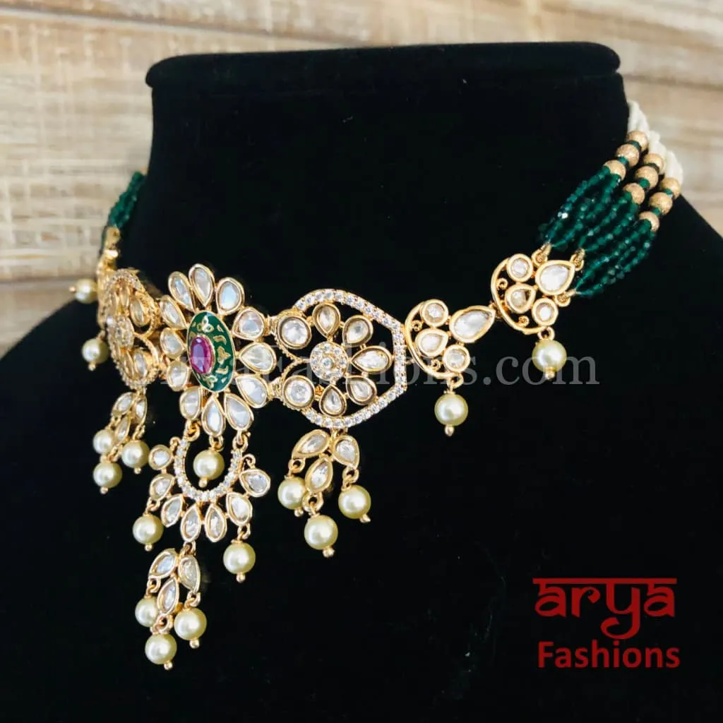 Ruby Rajwadi Pacchi Kundan delicate Choker/ Emerald CZ Kundan Jadau Choker