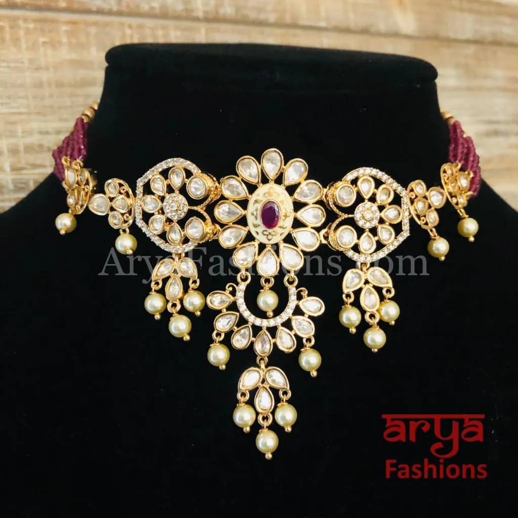 Ruby Rajwadi Pacchi Kundan delicate Choker/ Emerald CZ Kundan Jadau Choker