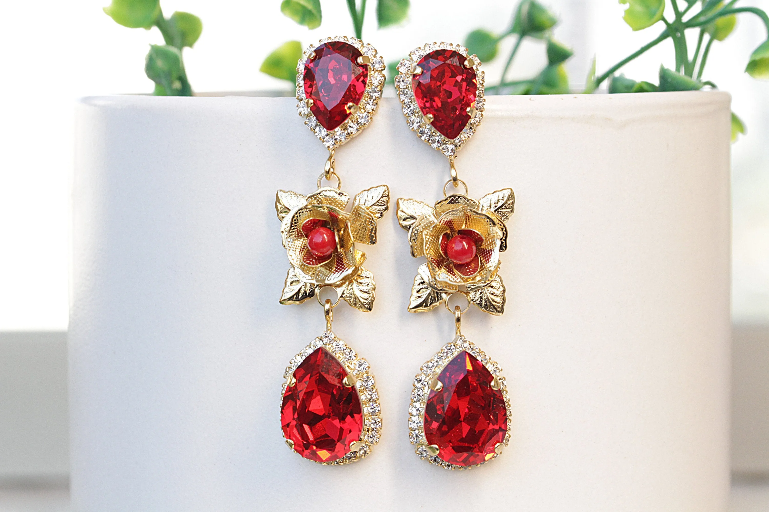 RUBY Red FLOWERS EARRINGS