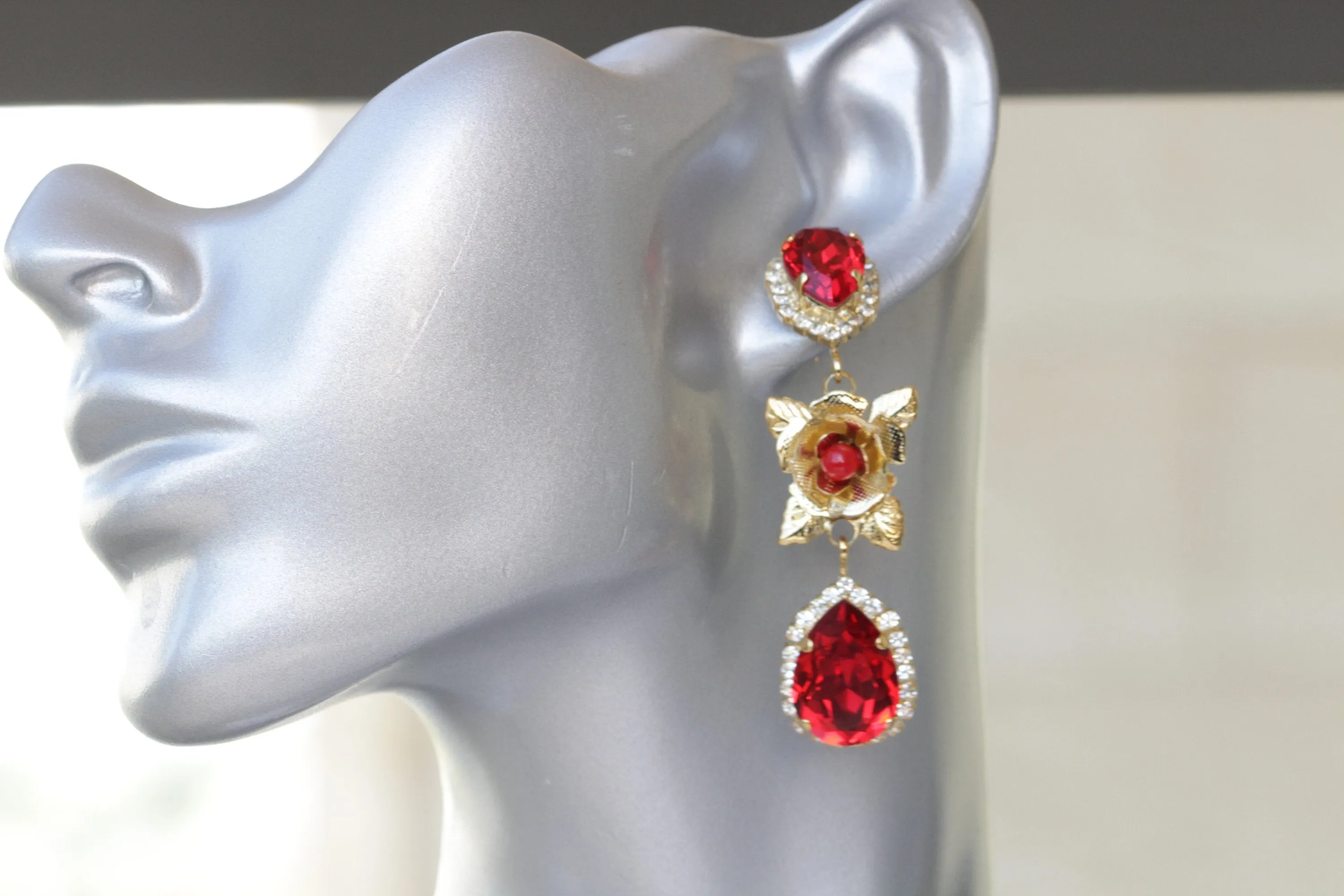 RUBY Red FLOWERS EARRINGS