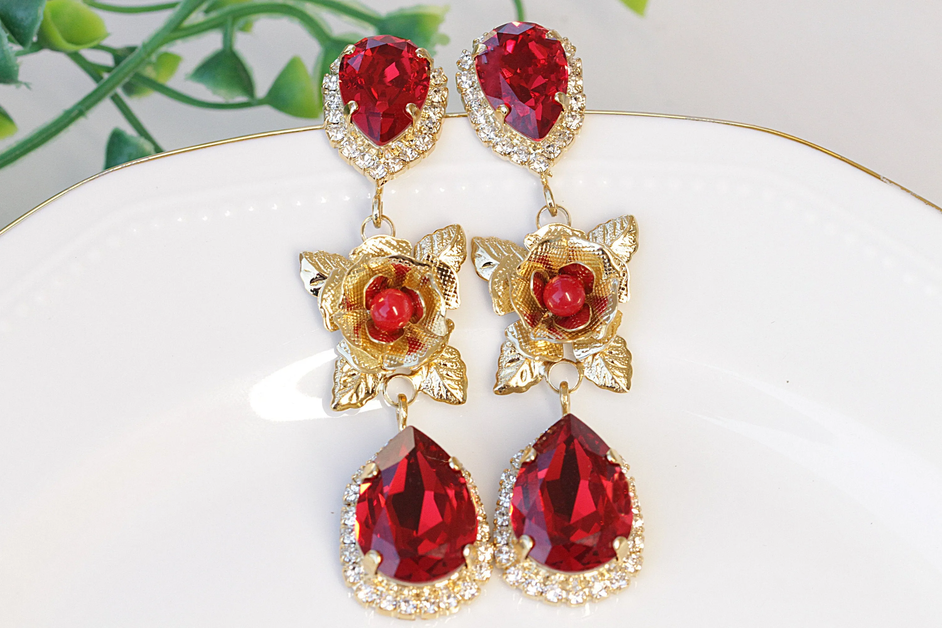 RUBY Red FLOWERS EARRINGS