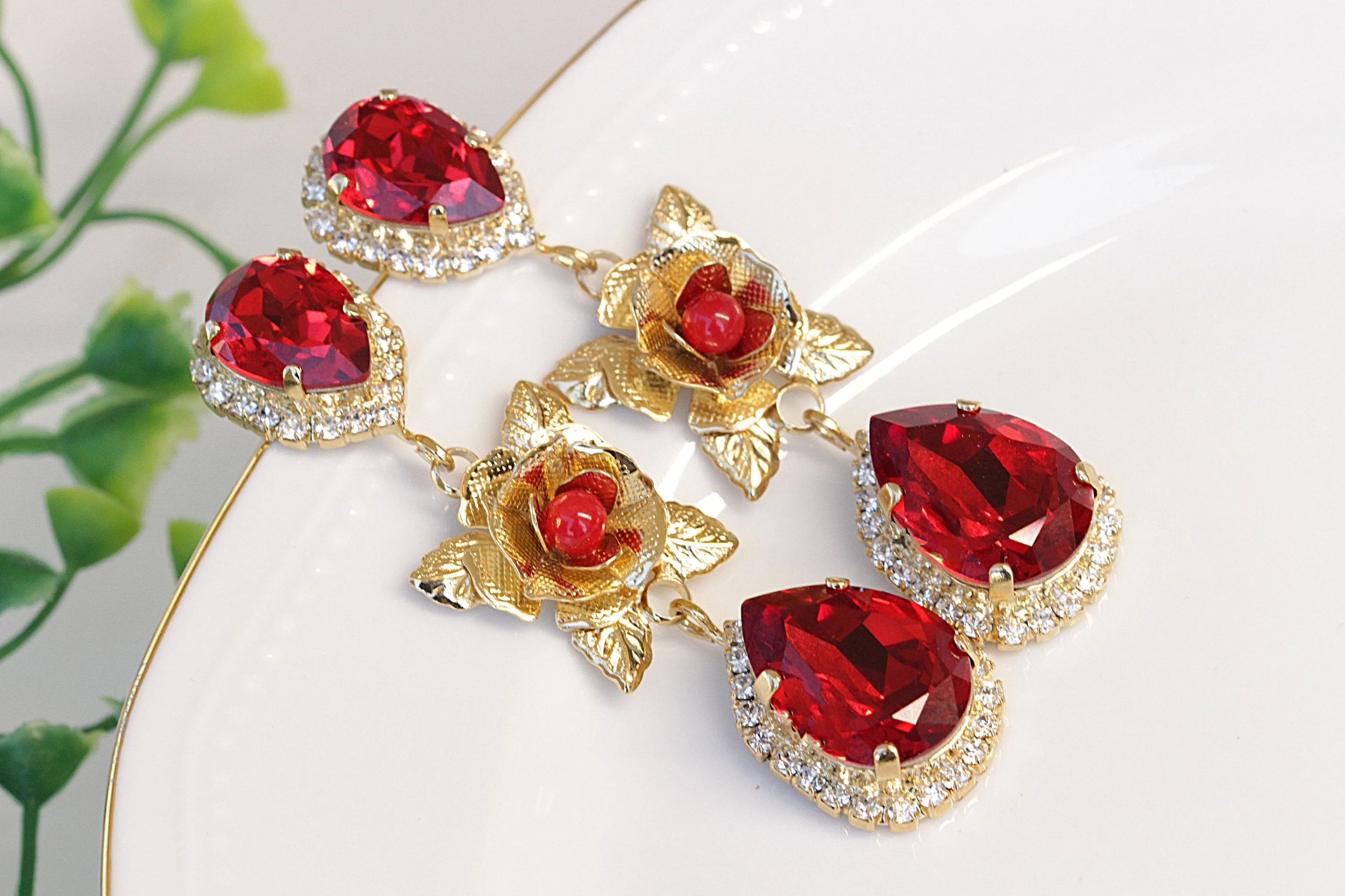 RUBY Red FLOWERS EARRINGS