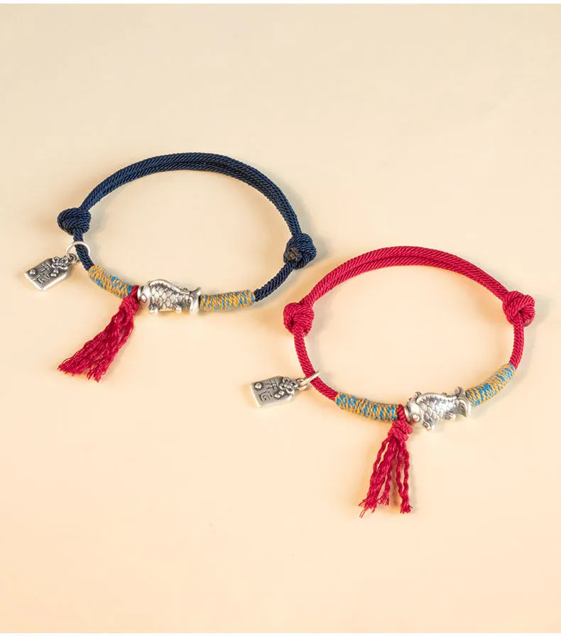 S999 Sterling Silver Koi Fish Red Rope Bracelet - Symbol of Luck and Prosperity