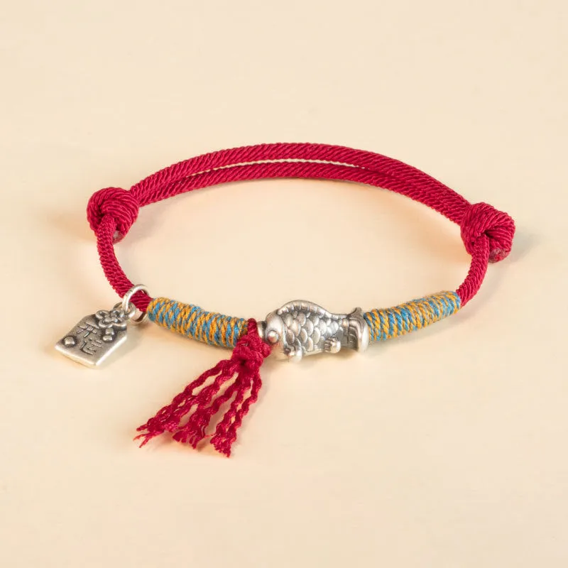 S999 Sterling Silver Koi Fish Red Rope Bracelet - Symbol of Luck and Prosperity