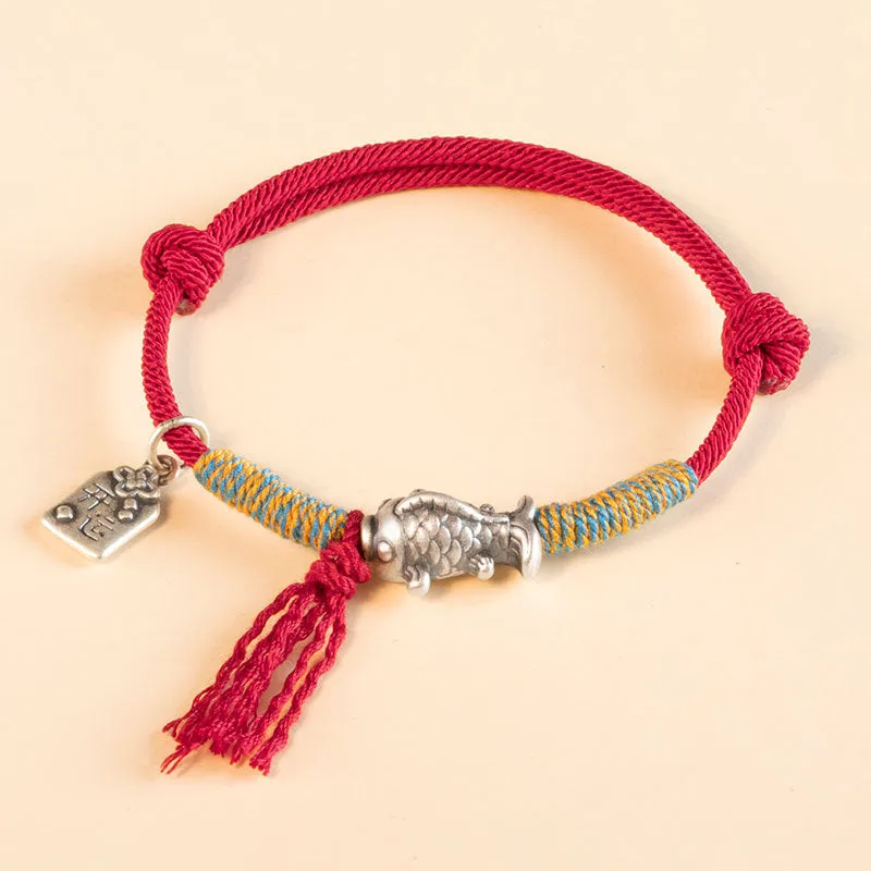 S999 Sterling Silver Koi Fish Red Rope Bracelet - Symbol of Luck and Prosperity