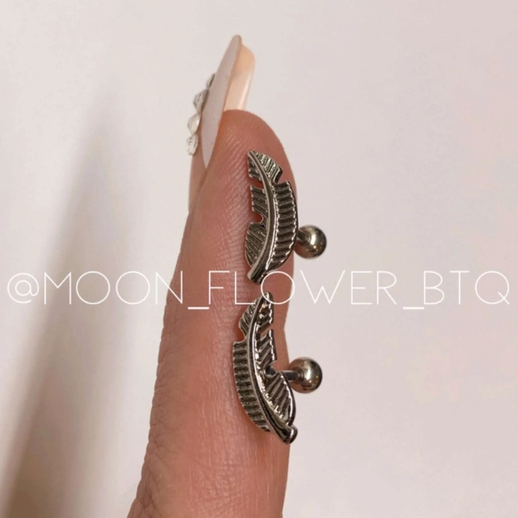 Silver Feather Barbell Earrings