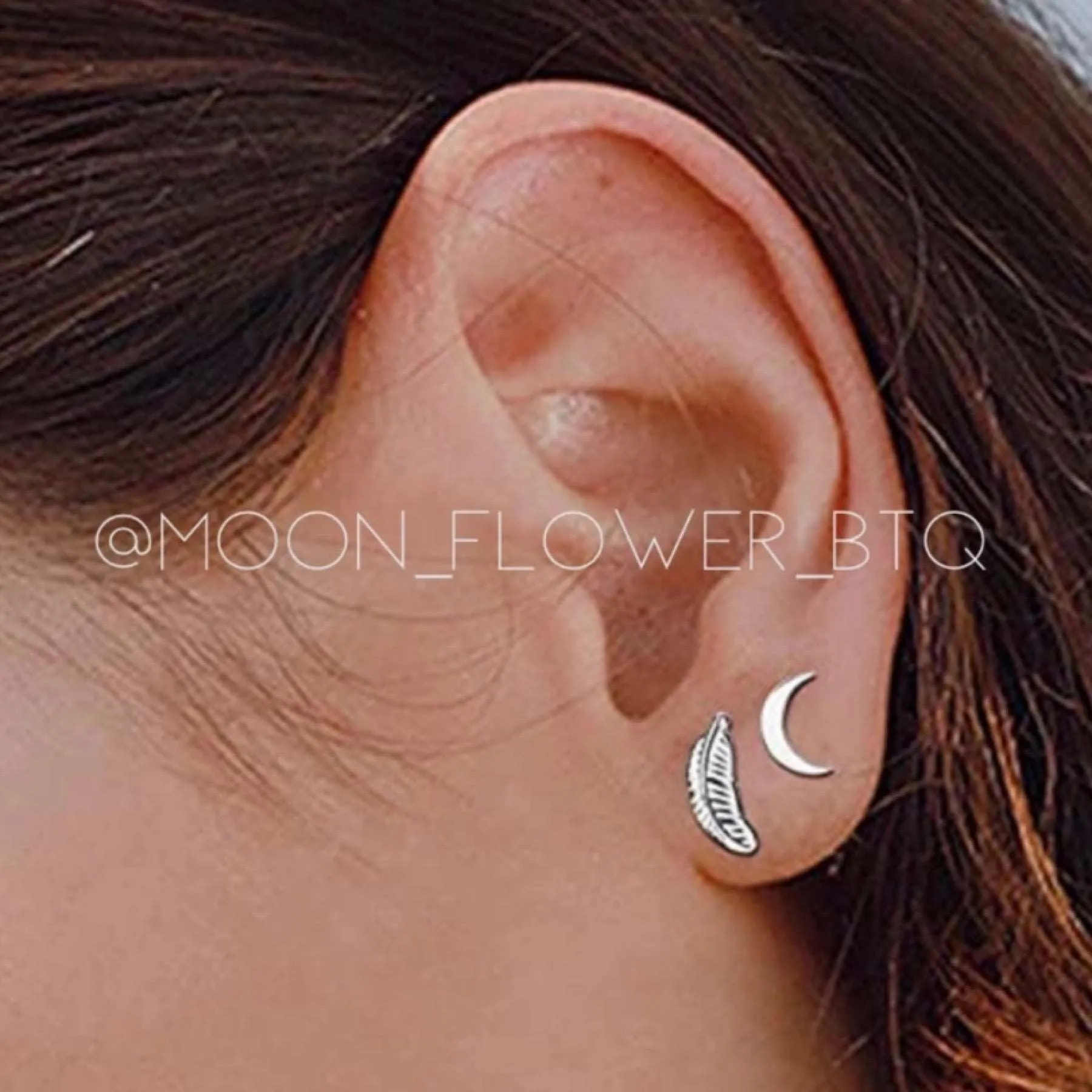 Silver Feather Barbell Earrings
