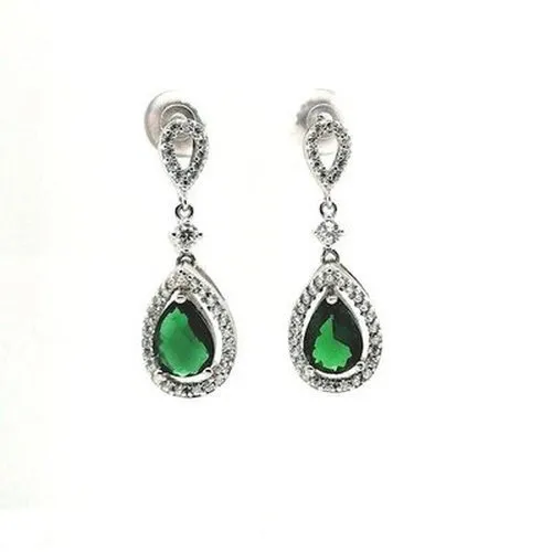 Silver Green & Clear Drop Earrings