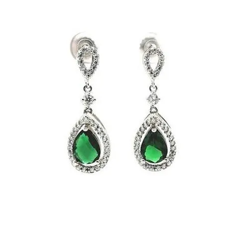 Silver Green & Clear Drop Earrings