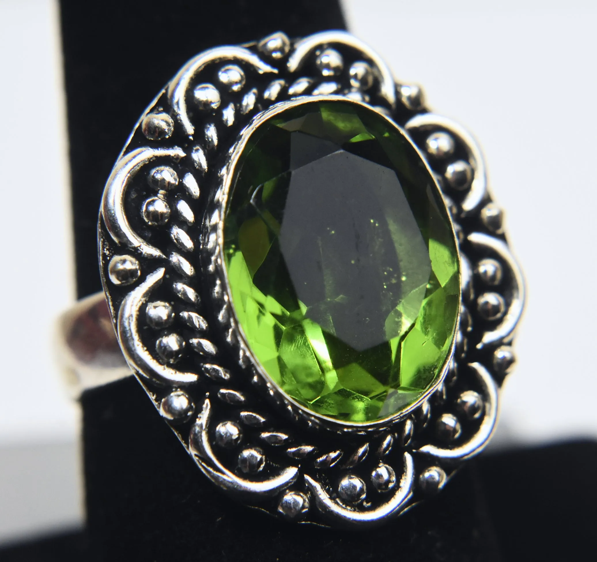 Silver Tone Metal Peridot Ring - Size 9