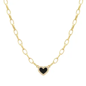Small Edith Link Necklace with Onyx Inlay Heart with Diamonds