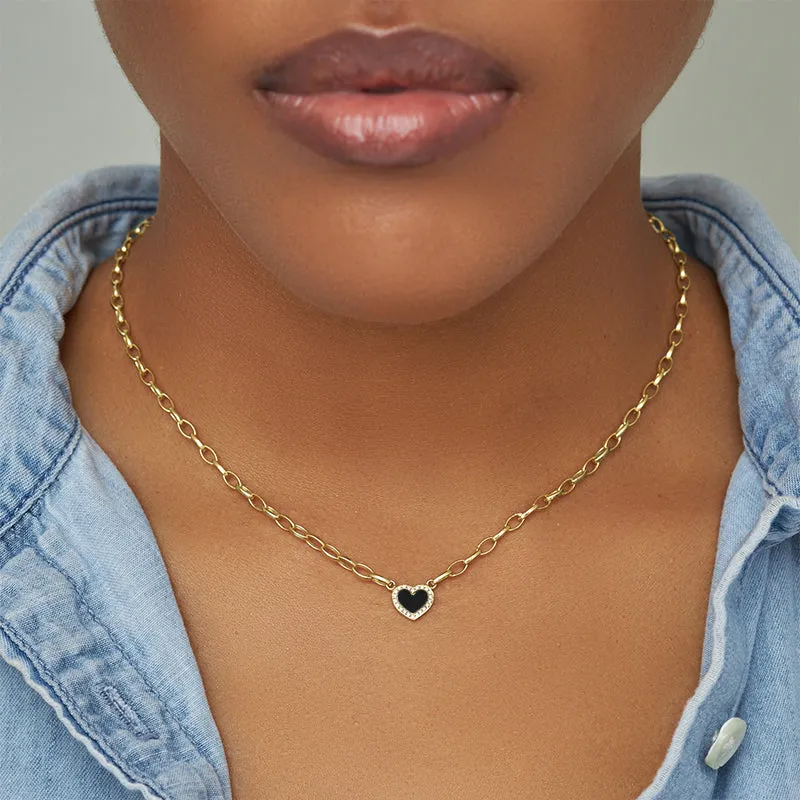 Small Edith Link Necklace with Onyx Inlay Heart with Diamonds