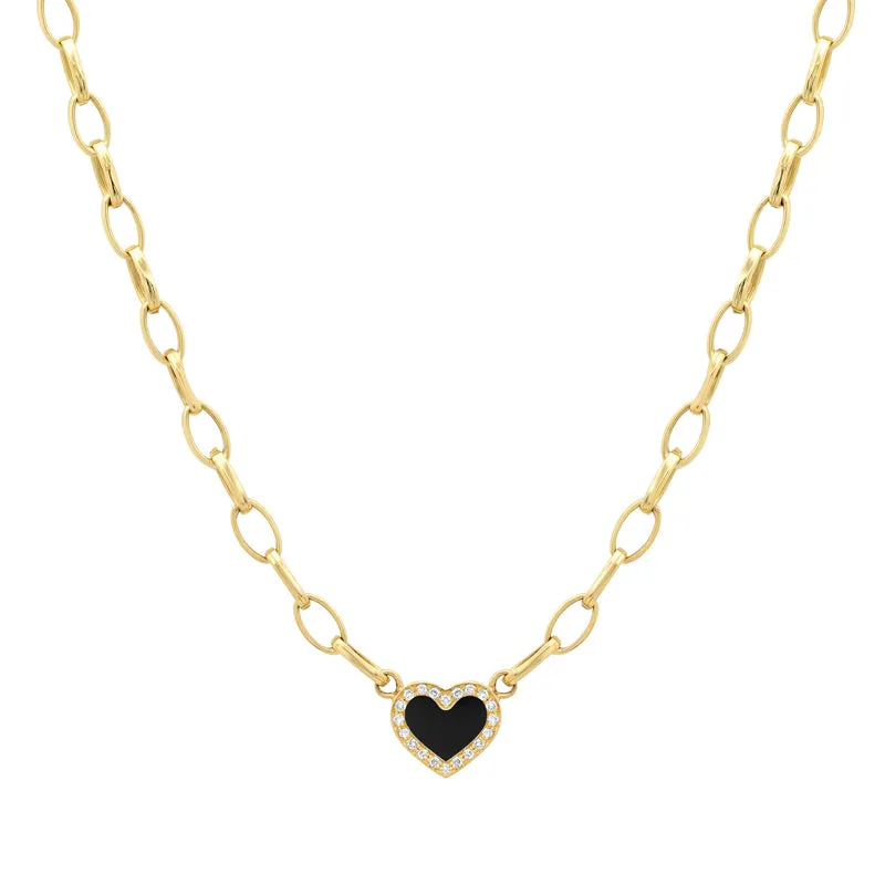 Small Edith Link Necklace with Onyx Inlay Heart with Diamonds