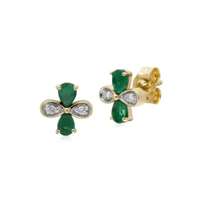 Smaragd Ohrringe, 9 Karat Gelbgold Smaragd Diamant Blumenmuster Ohrringe