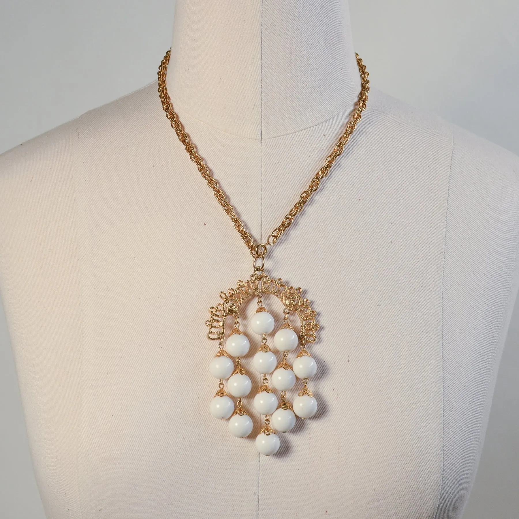 SOLD Vintage 70s Waterfall Pendant Necklace, Gold Filigree Details Costume Jewelry