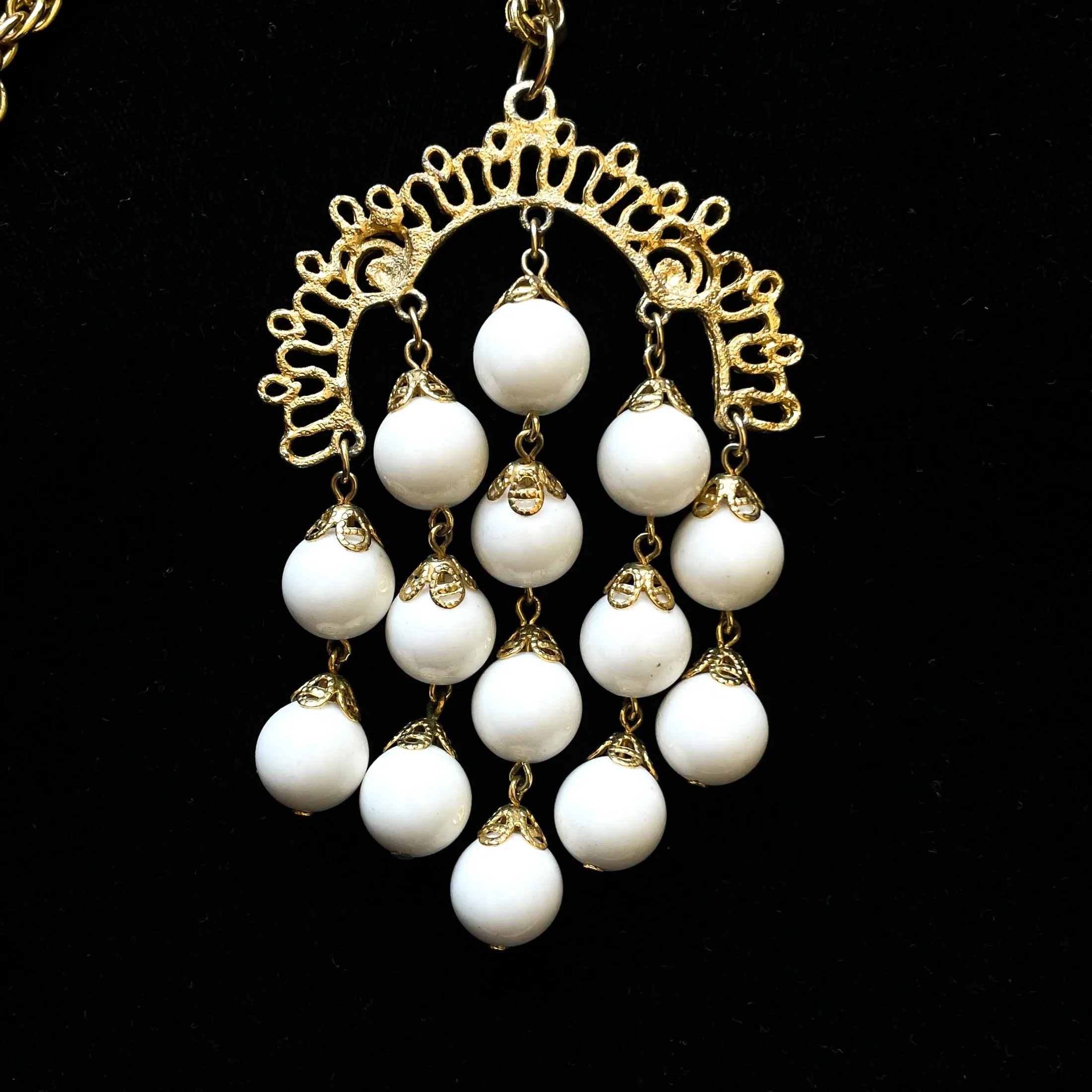 SOLD Vintage 70s Waterfall Pendant Necklace, Gold Filigree Details Costume Jewelry
